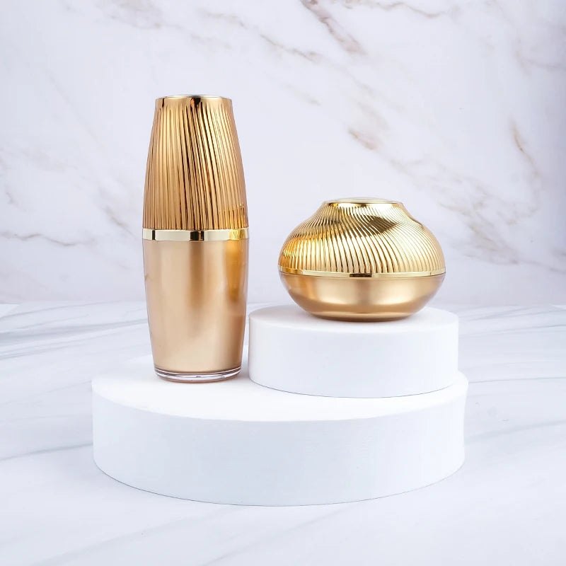 In Stock Gold 30ml 50ml 80ml 120ml Luxury Acrylic Plastic Skin Care Jars Cosmetic Lotion Pump Sprayer Screen Printing