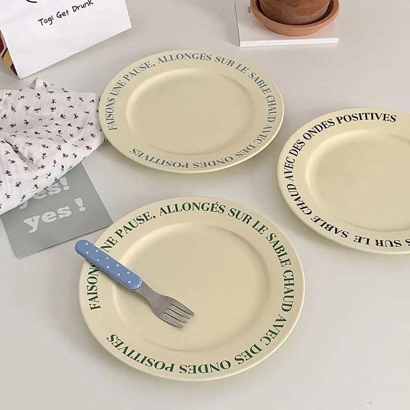 Solhui Korean Ins Retro French Alphabet Cream Ceramic Dessert Salad Plate