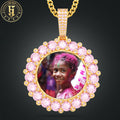Fashion 47mm 18K Gold Plated Brass Pink Zircon Diamond Geometric Hip Hop Jewelry Circle Photo Pendant Necklace for Men