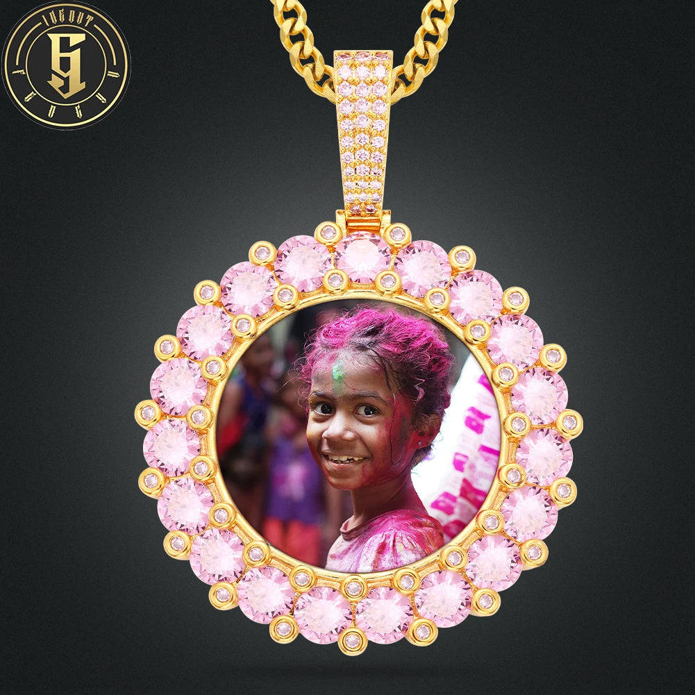 Fashion 47mm 18K Gold Plated Brass Pink Zircon Diamond Geometric Hip Hop Jewelry Circle Photo Pendant Necklace for Men