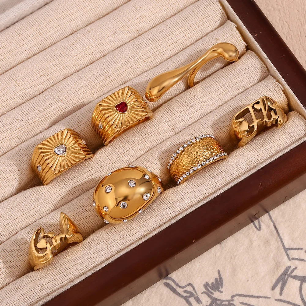 Trend 2024 Gold Plated Signet Ring Set Zircon Heart Letter Engagement Jewelry Stainless Steel Rings Set