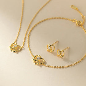 Fashion Jewelry Set 925 Sterling Silver Crossed Heart Zircon Gold Plated Necklaces Stud Earrings Bracelet Valentine's Day Gift