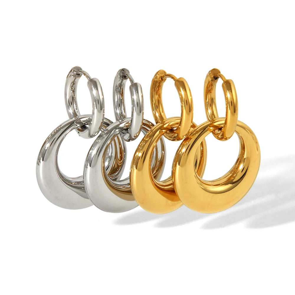 French Design 18K Gold Plated Stainless Steel PVD Water Resistant Geometric Trendy Double Use Handmade Polished Hollow Earrings