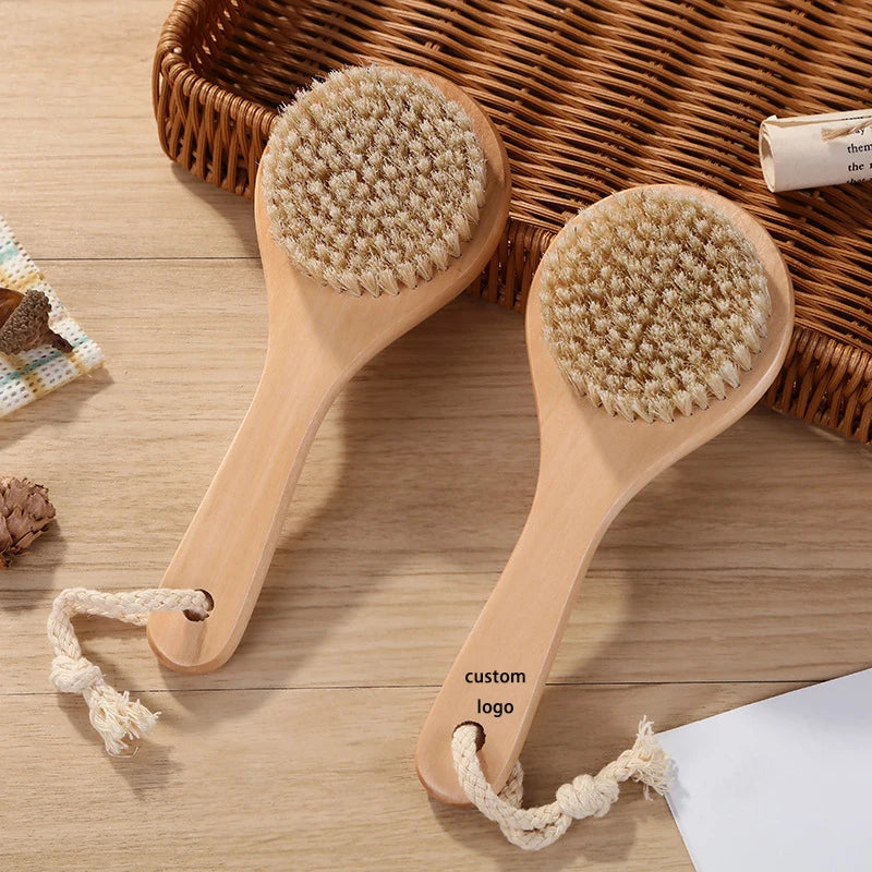 Custom Private Label Eco Friendly Natural Boar Bristle Shower Brush Long Handle Exfoliating Body Dry Brush Shower Cleaner Brush