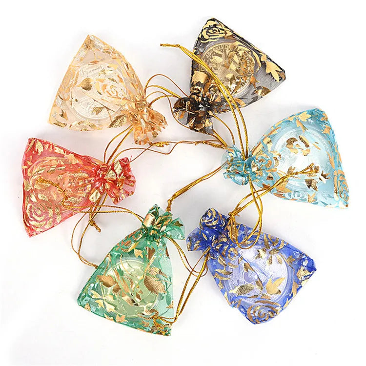 Hot Stamped Rose Fabric Bags for Gift Packaging Decorative Purposes Organza Drawstring Candy Bags in Stock Wholesale
