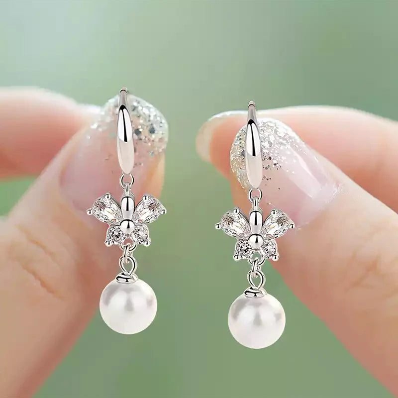Huitan Romantic Pure Butterfly Zircon Pearl Drop Earrings Girls Lady Lovely Sweet Silver Earrings Pearl Women