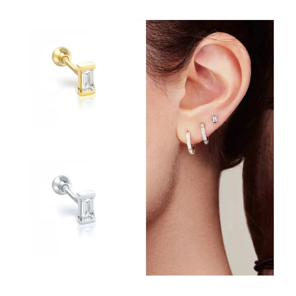 Fashion 925 Sterling Silver Rectangular Rectangle square Diamond Zircon Gold Plated Stud Earrings for Women