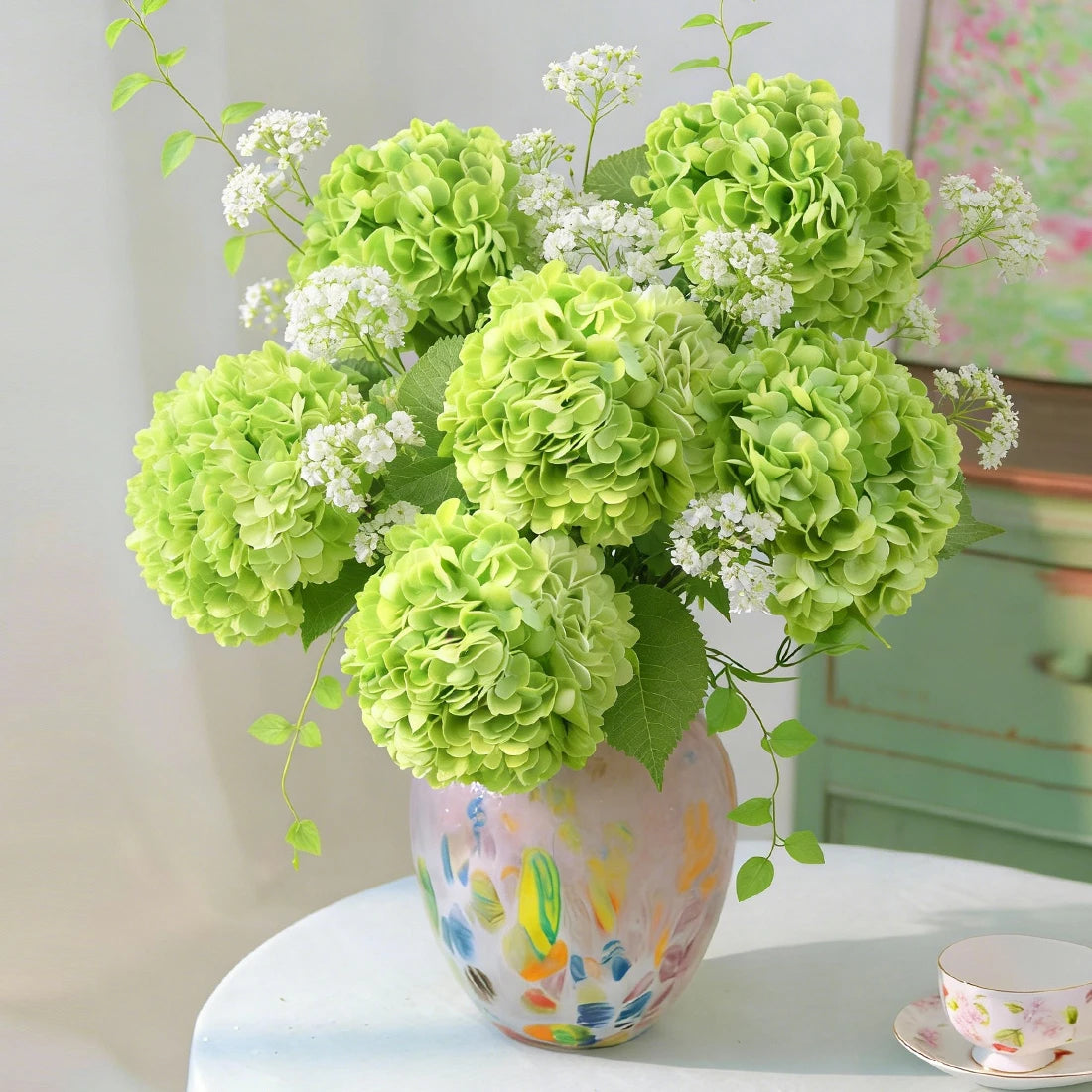 Luxury Realistic Lifelike Large Green White Latex Artificial Hydrangeas Handmade 196 Petals Natural Table Graduation