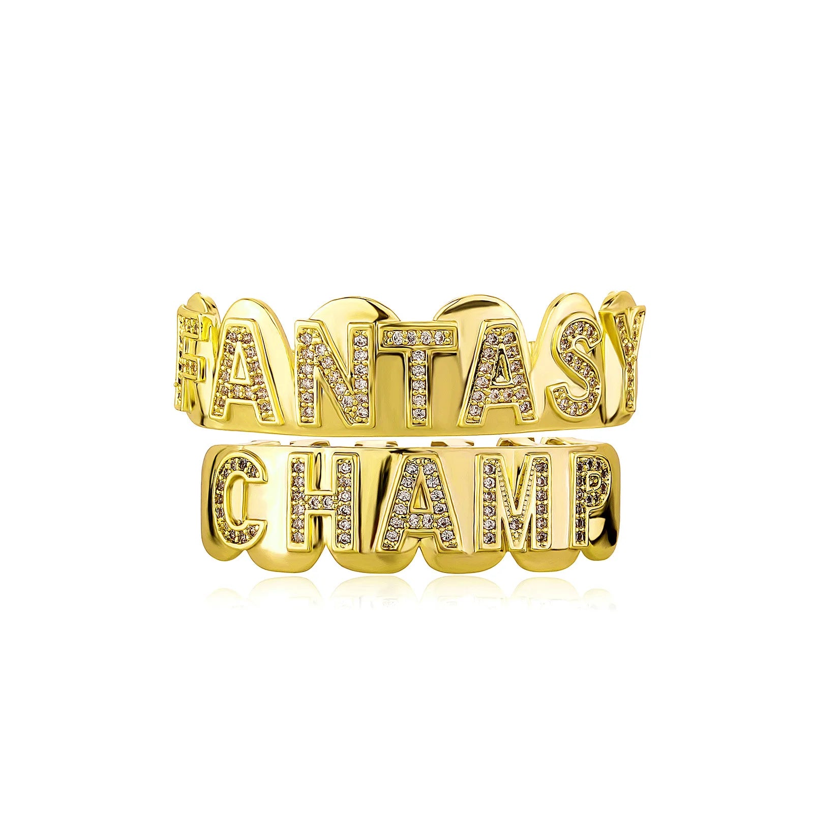 Iced Out Bling Zircon Brass Teeth Grillz "FANTASY CHAMP" Letters Top Bottom Grillz Teeth Mouth Jewelry Set