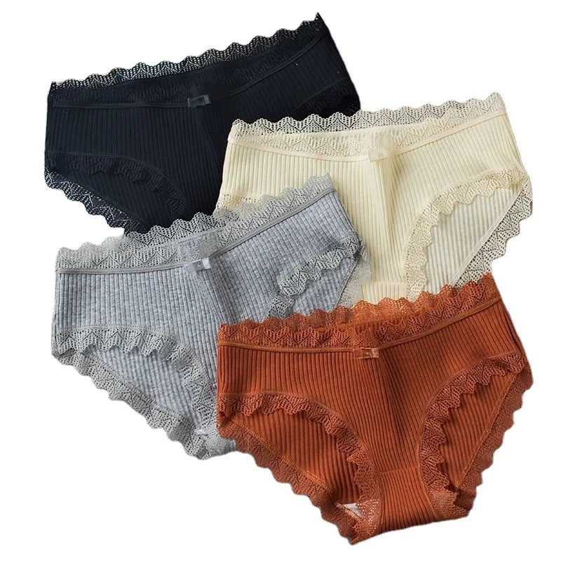 Wholesale Low Price New Cotton Hipster Women Striped Lace Panties Skin-friendly Underwear Sexy Mid-Rise Everyday XL