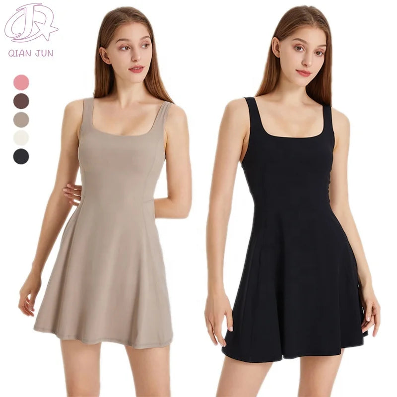 Wholesale Women's Breathable Workout Sports Dress Casual Sexy Backless Skirt With Chest Pad Quick Dry Solid Pattern 1 Piece