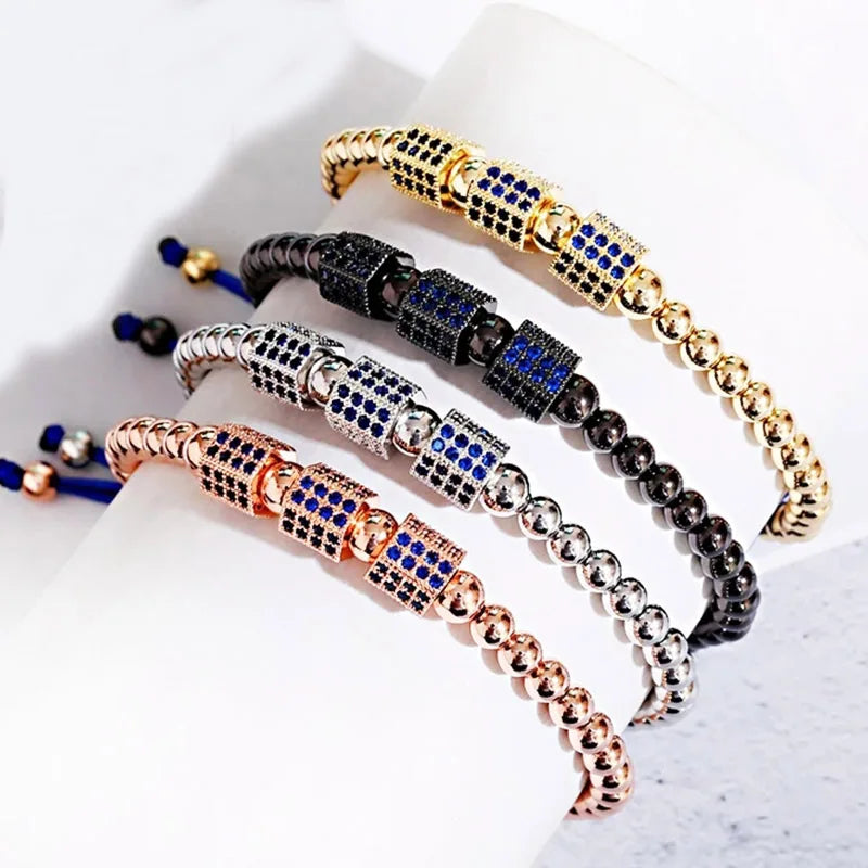 Classic Blue CZ Pave Tube Charm Bracelet Handmade Stainless Steel Beads Macrame Bracelets Luxury Men Women