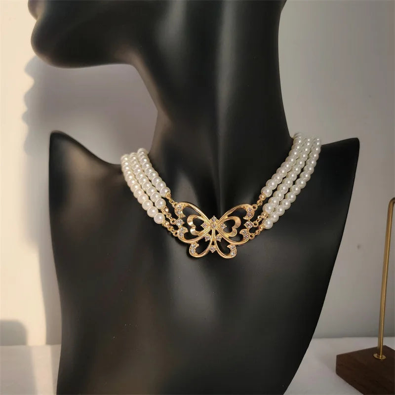 French Elegant Retro Choker Pearl Necklace Collarbone Chain Diamond Necklace Classic Multilayer Pearl Necklace for Girls