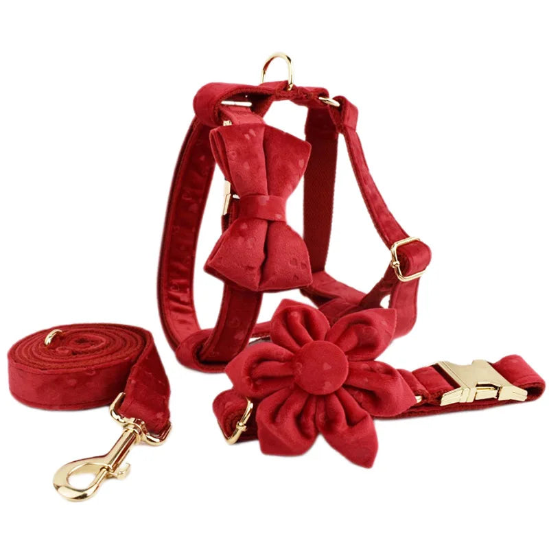 Luxury Durable No Pull 6 Pcs Set Pet Collar Pop Bag Leads Bow Tie Flowers Dog Harness and Leash Set Pet Accessories