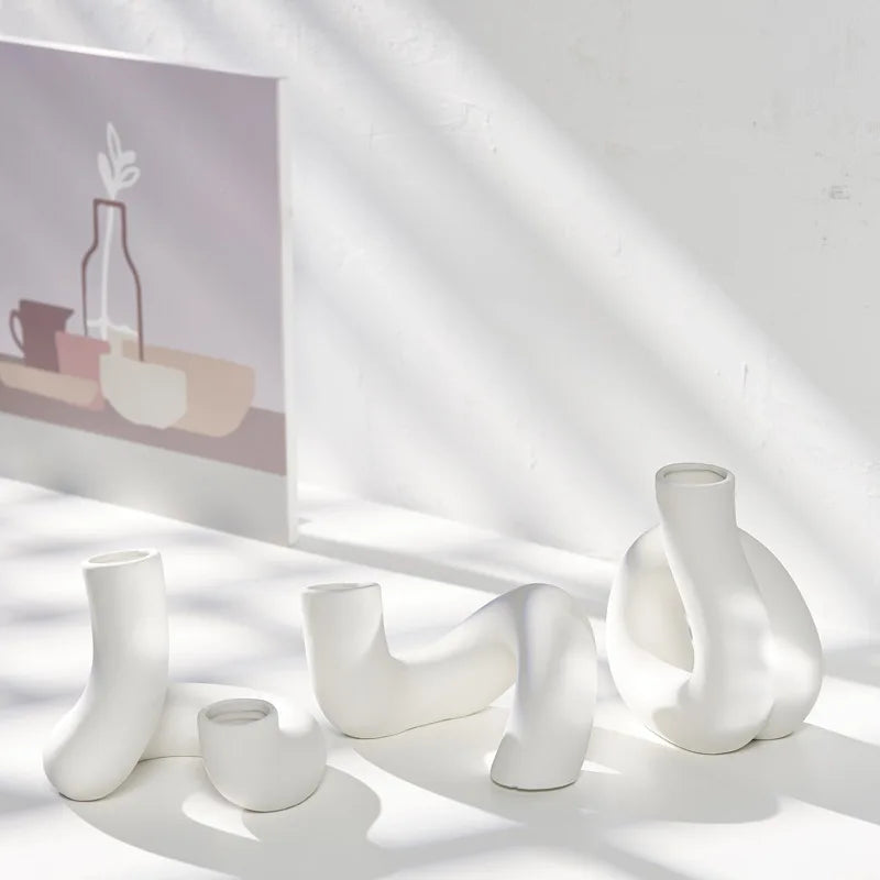 Contemporary Home Decoration White Irregular Tabletop Vase Handmade Art Ceramic Plant Modern Style Customized Size Opaque Glaze
