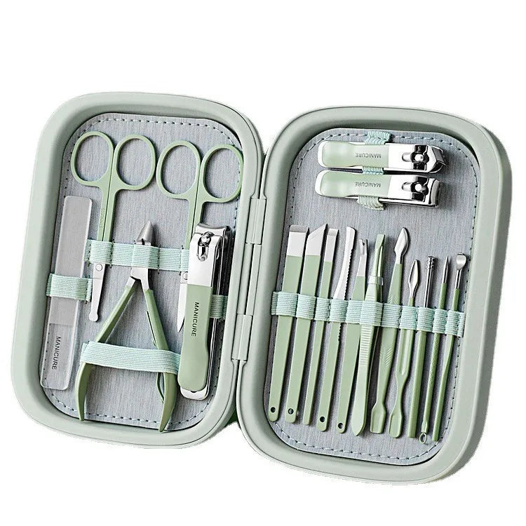 FOCSTAR 2023 Salon Equipment New 18-Piece Manicure Pedicure Set (M099) Stainless Steel PU Customized Color Nail Pedicure