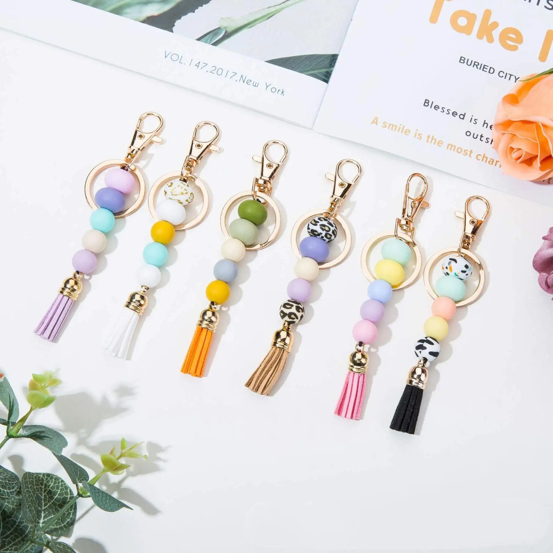 Handbag Charm Key Chain Pendant Silicone Beads Handbag Key Chains Tassels Silicone Beads Keychain Leather Tassels Keyrings Gifts