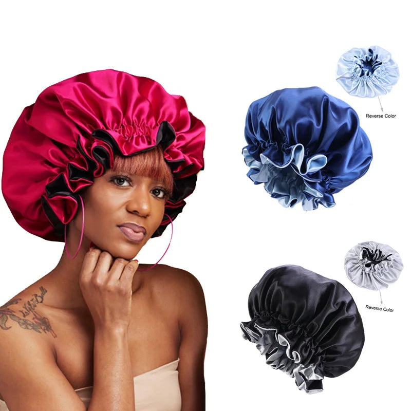 Satin Bonnet Cap Elastic Double Layer Silk Sleeping Head Cover for Women Adjustable Lined Hair Wrap