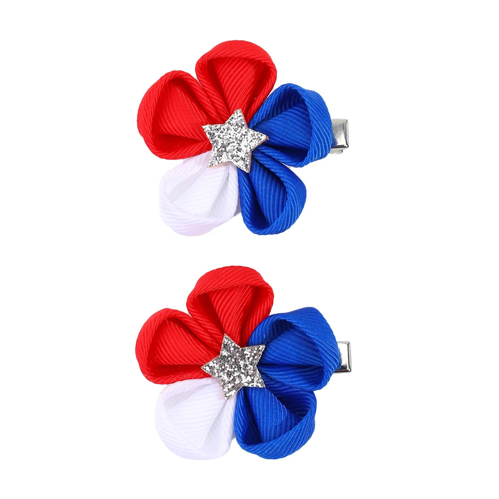 CN 2Pcs Mini Flower Hairpins 4th of July USA Flag Hair Clip Ribbon Red Blue Hair Bow Clip Festival Accessories