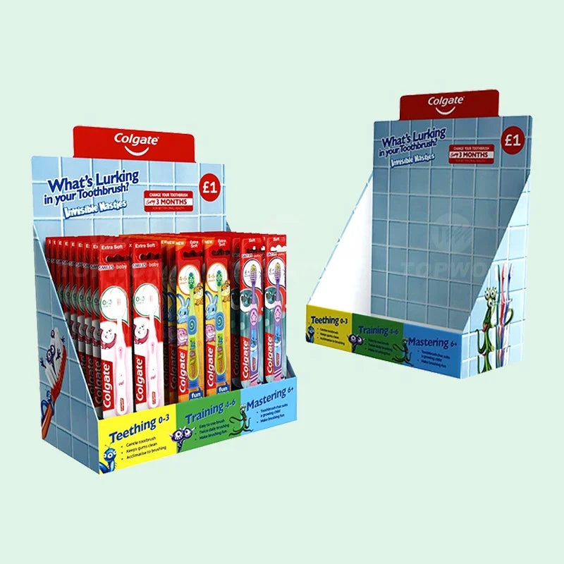 Custom Supermarket Retail Display Box Packaging Cardboard Counter Top Display Pdq Box Toothbrush Cardboard Counter Display