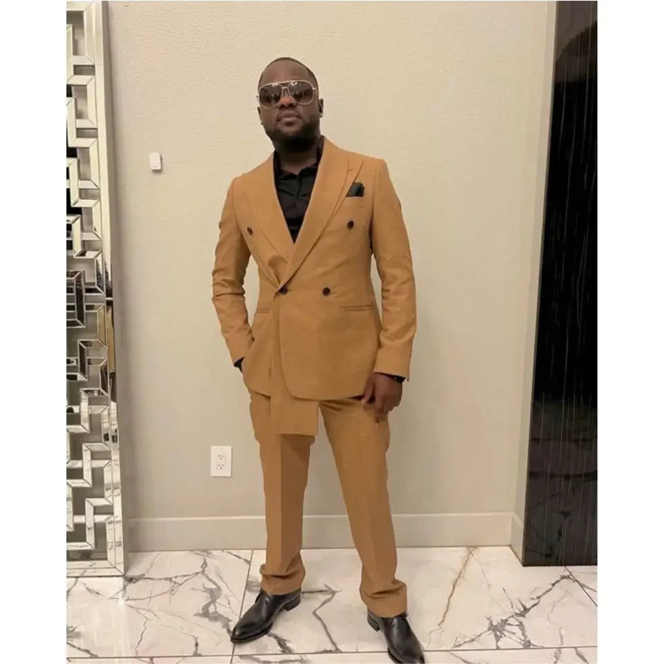 Khaki Unique Design Men Suits 2 Pieces Double Breasted Man Clothing Gentleman Wedding Groom Tuxedos Best Man Blazer Pant