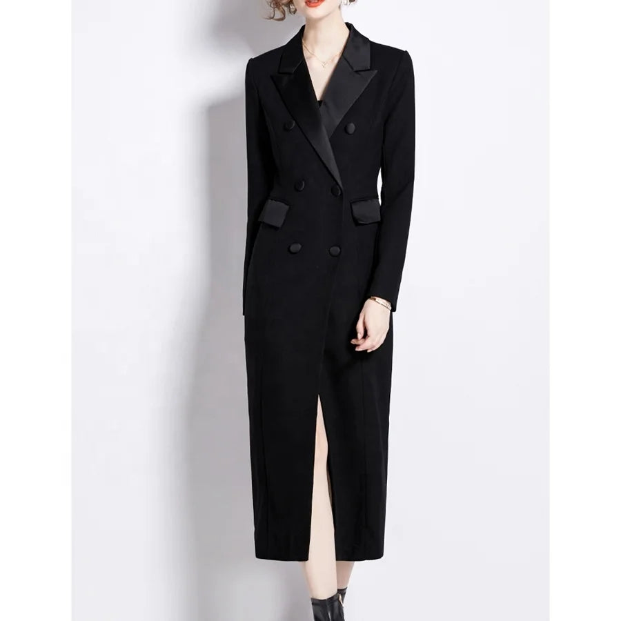 Winter New High End Long Black Coat With Temperament Suit Collar Spliced Double Breasted Coat for Women