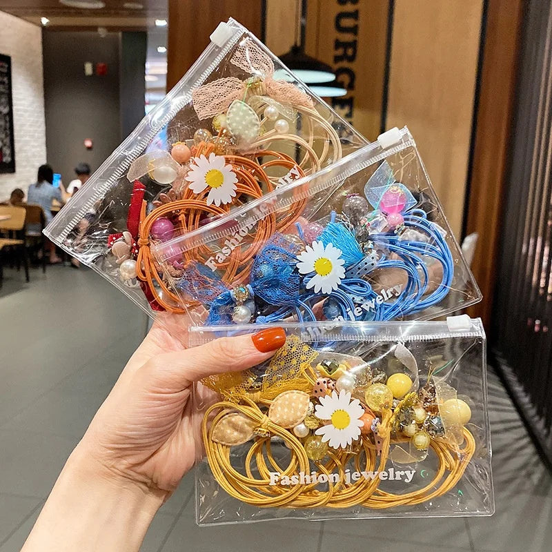 Wholesale Stocks Colorful Hair Ties Simple Style Hair Bands with Flower 9 Pcs/Little Daisy Bag for Girls