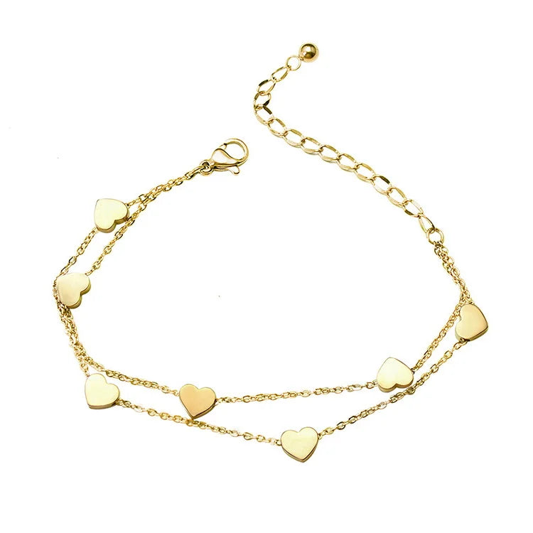 18K Gold and Stainless Steel Personalized 6MM Heart Beads Double Layer Titanium Steel Bracelet Trendy Style for Gift