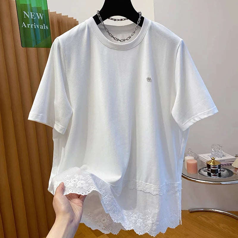 Boutique Wholesale 2025 Summer New Fashionable Round Neck Lace Patchwork Short Sleeved Loose Women's T-shirt