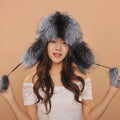 Wholesale Custom Women Winter Hat Natural Fur Russian Hats Genuine Leather Warm Caps Adults Silver Fox Fur Earmuff Hat With Pom