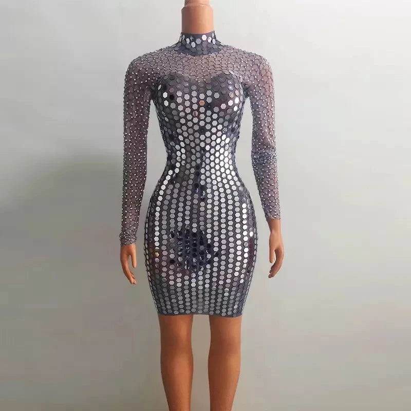 Shiny Crystal Sexy Show Evening Gowns Women Midi Birthday Party Shiny Mirror Sequined Luxury Evening Dress