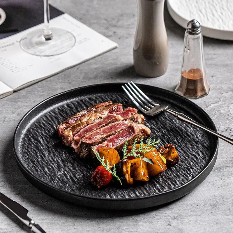 Nordic Style 8/10 Inch Rock Texture Round Ceramic Steak Dishes Plate Dinner Ceramic Plates with Edge