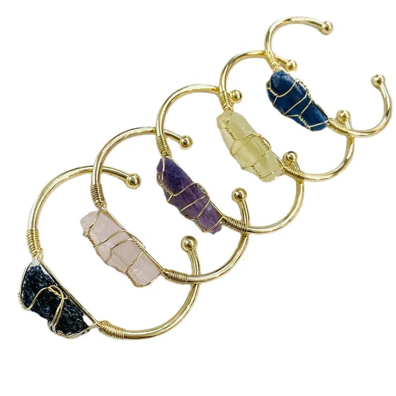 Wholesale DIY Gold Plated Crystal Jewelry Natural Raw Citrine Amethyst Bracelet Bangle