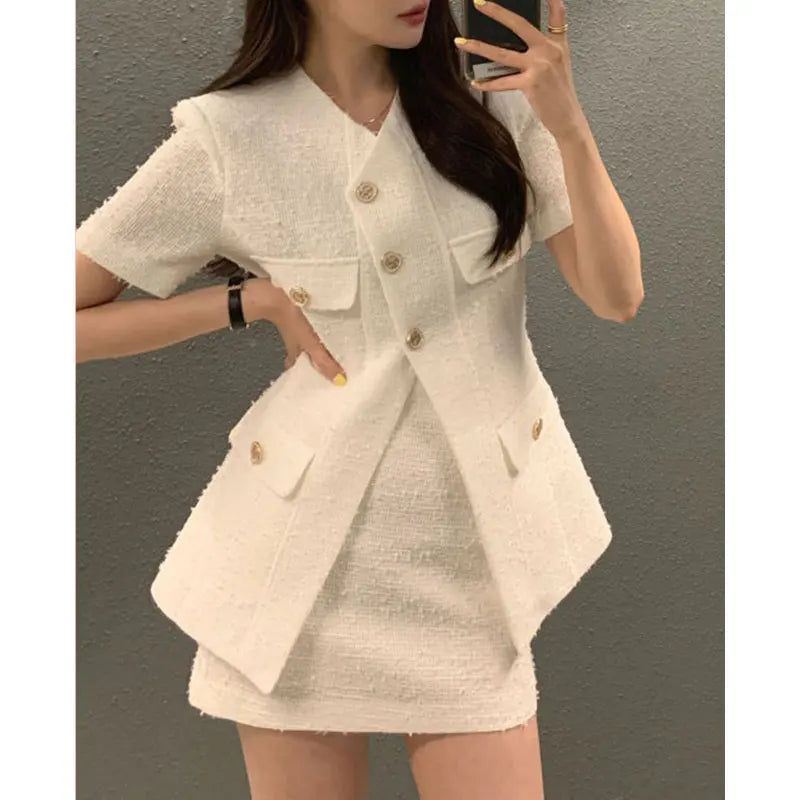 Wholesale 2026 Summer Elegant V-neck Single Breasted Pocket Decorative Coat High Waist Wrap Hip Half Skirt Women's Set