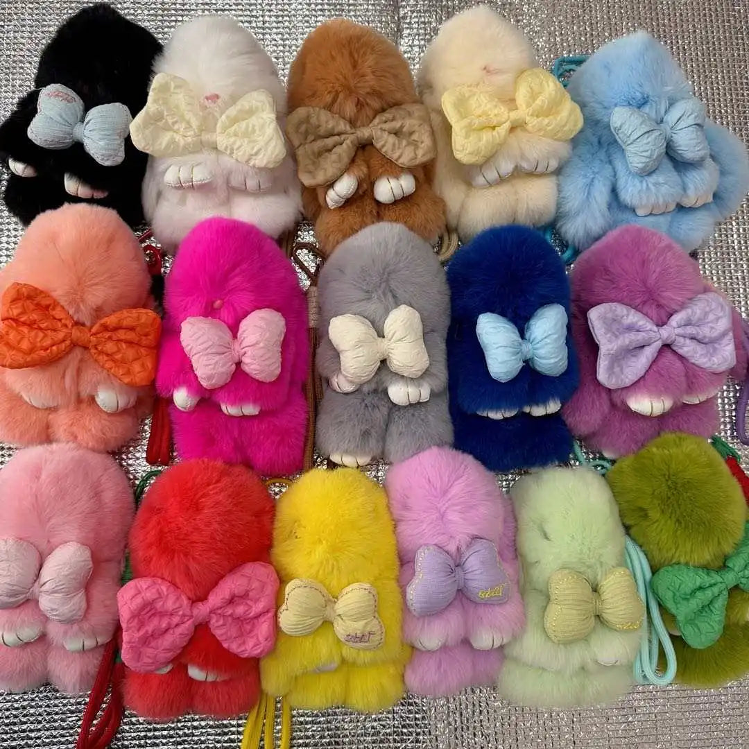 Factory Customized 15cm Bunny Rabbit Fur Key Chains Bag Toys Doll Fluffy Pom Pom Keyrings Bunny Keychain Stuffed Soft Kids Toy
