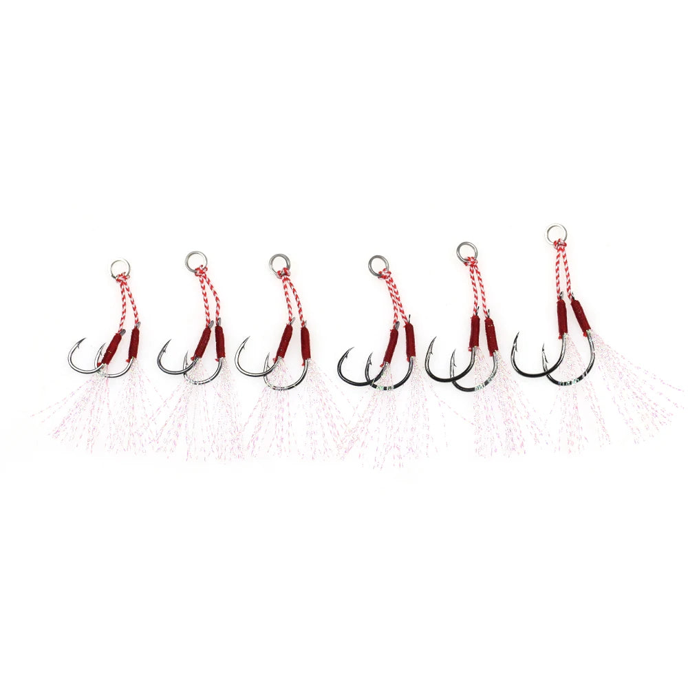 Wholesale  Assist Jig Hook Split Ring Fishing Lure Double Pair Barbed With Flash Tinsel Slow Jigging Saltwater Fishing Hooks
