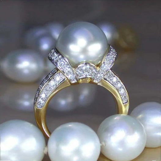 CAOSHI Jewelry Beautiful Large Pearl Ring Gold Plated Two Row Zircon Filled Bague Lady Gold Elegant Pearl Ring Women