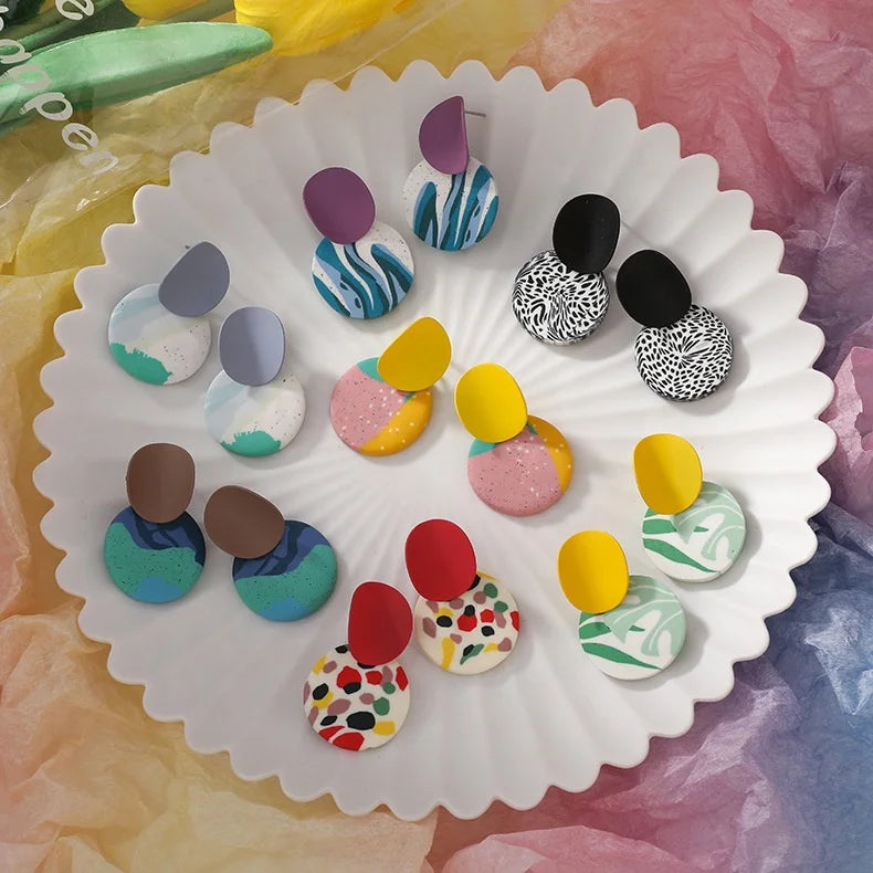 Stylish Fashion Jewelry Women Boho Earings Abstract Beach Poly Clay Alloy Handmade Round Disk Polymer Clay Earrings Accessories