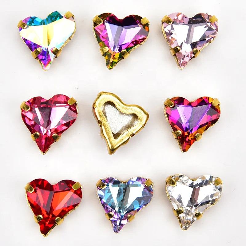 K9 Peach Heart Shape Glass AB Crystal Rhinestone With Gold Claw Setting Sew on Diamond Stone for Clothing Bags Shoes Accessories