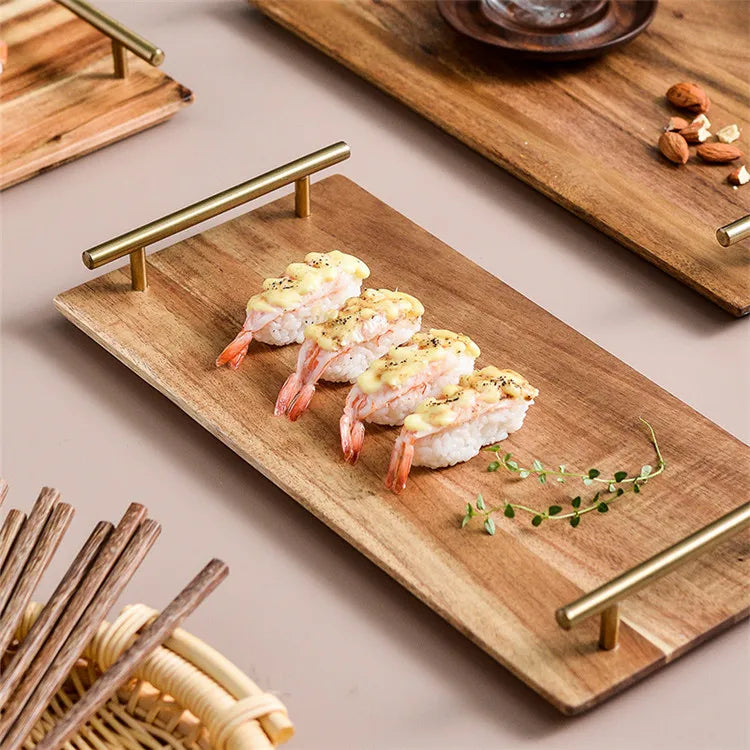 High Grade Acacia Wood Rectangular Serving Tray Fruit Snack Dessert Pate Wooden Steak Plate With Stainless Steel Handle