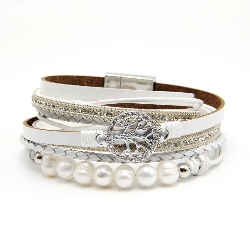 Magnetic Fresh Water Pearl Bracelet Women Hollow Tree of Life Bracelet Magnetic Leather Bracelet
