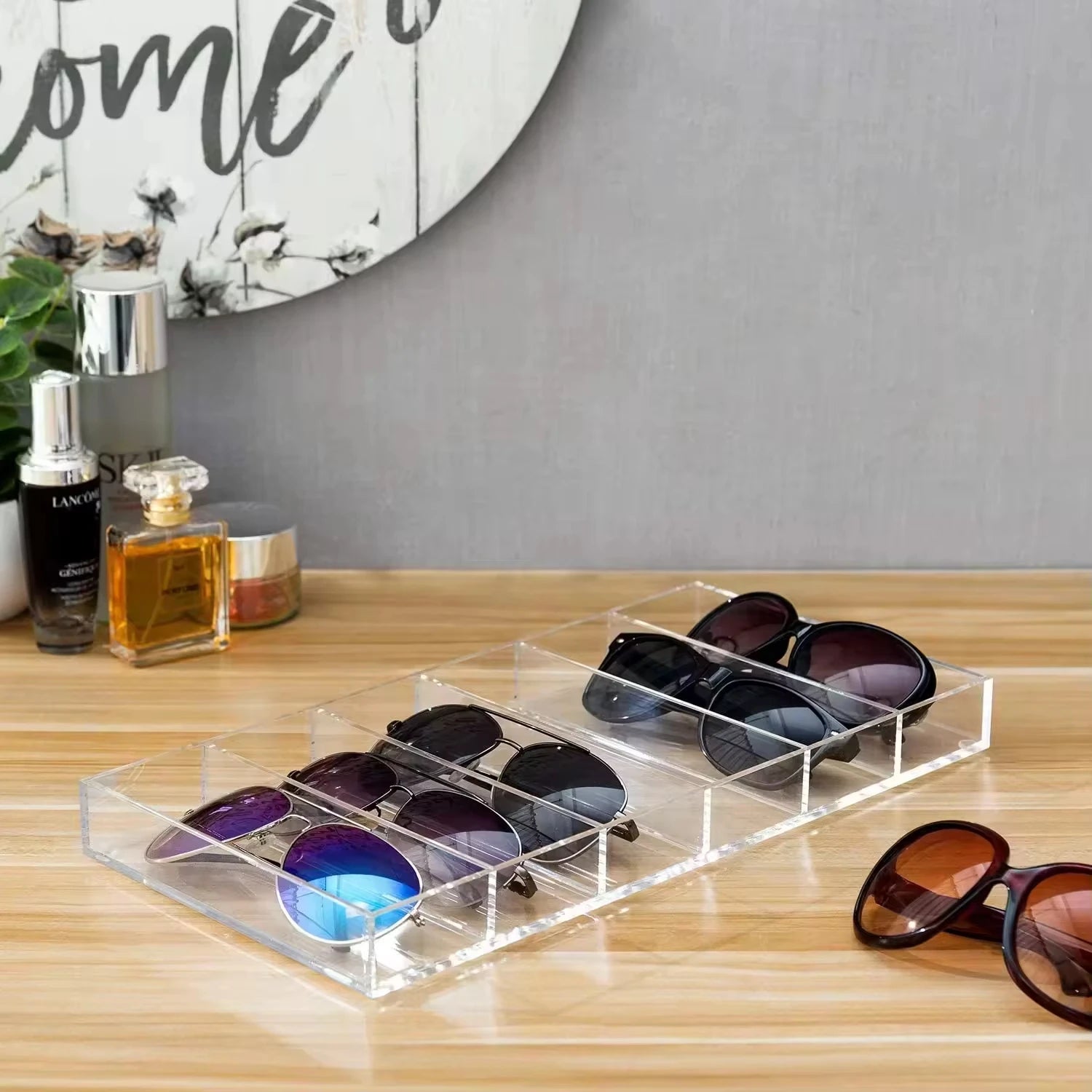 Acrylic Rectangle Glasses Display Case Clear Acrylic Modern Tabletop Sunglasses Storage Box Organizer 6 Compartment Slots