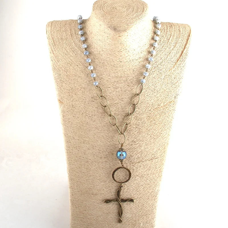 Women Statement Necklace Lady Spring Summer Fashion Jewelry  Glass Crystal Rosary Chain Bronze Chain Glass Alloy Cross Necklace