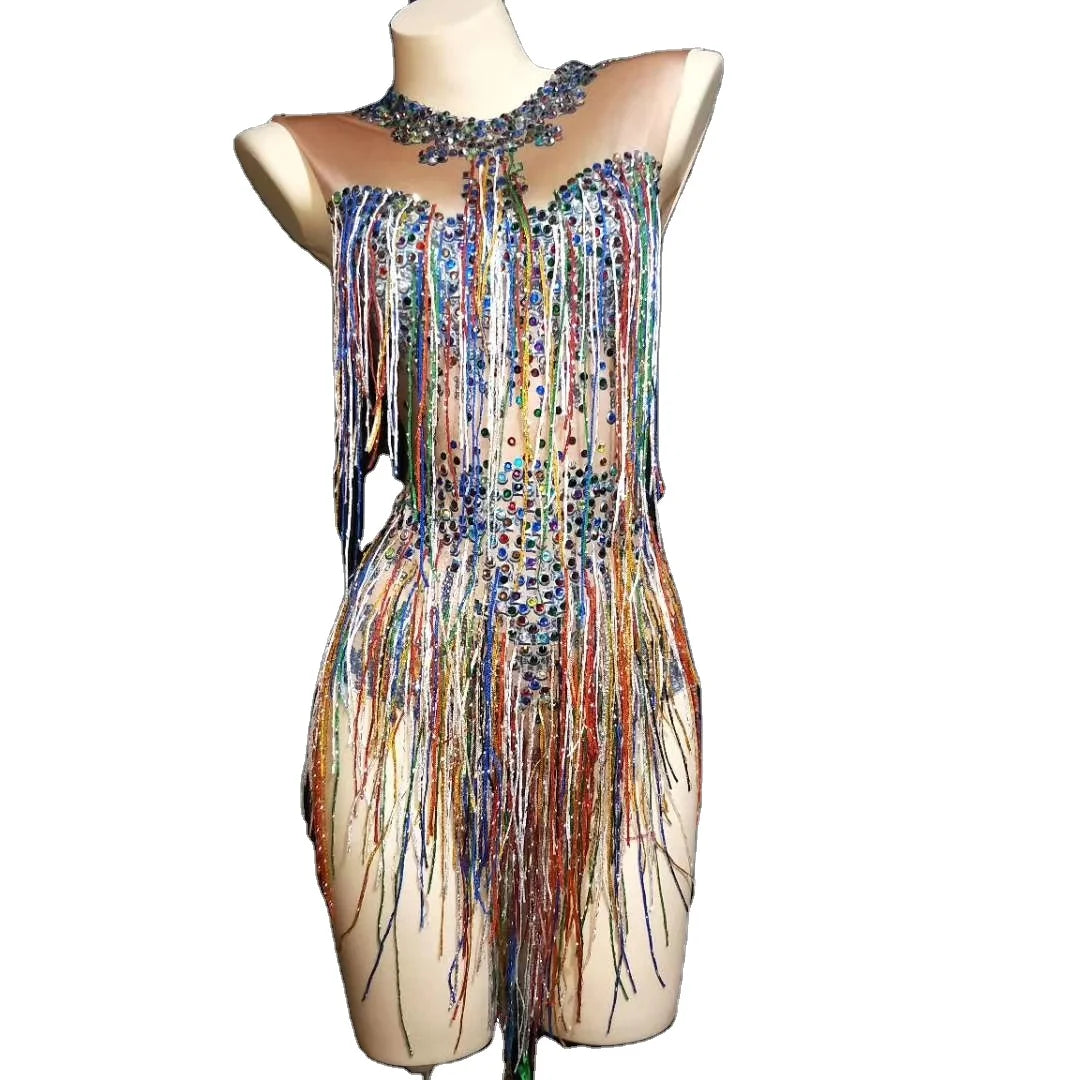 One Piece Jumpsuit Rhinestone Fringes Bodycon Leotard  Dancewear Nightclub Party Tassel Streetwear Performance Stage Costumes