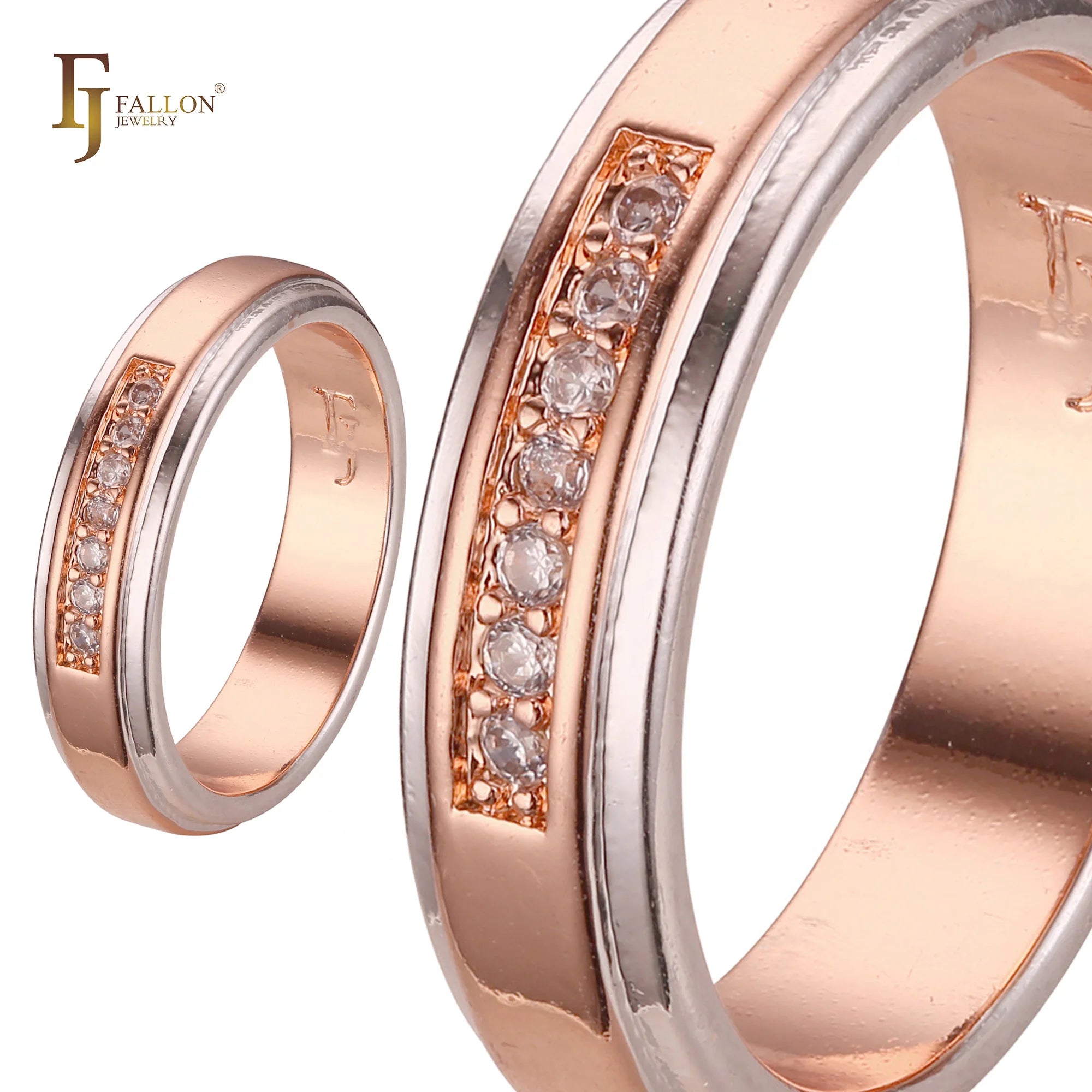 FJ Fallon Fashion Jewelry Seven CZs Elegant Wedding Band Rings Plated in Rose Gold Two Tone Brass Based