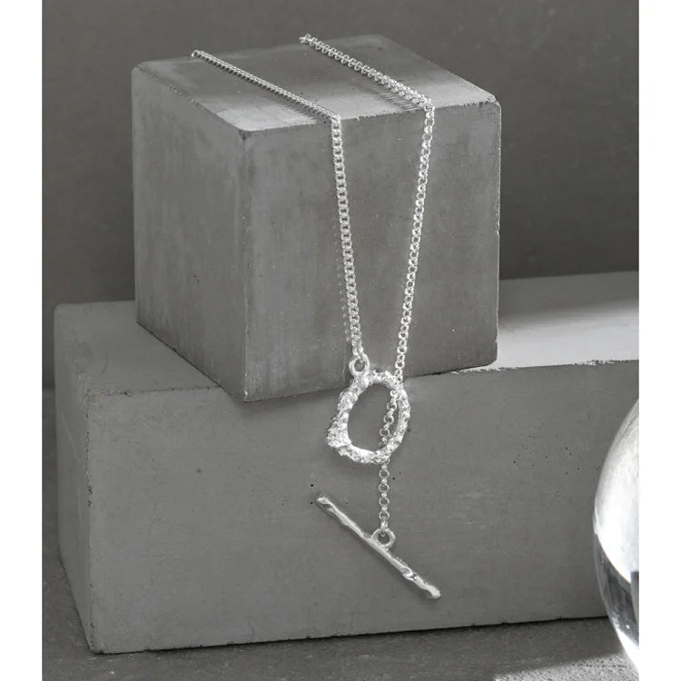 HXL601 Irregular Texture Finished S925 Sterling Silver Toggle Clasp Short OT Buckle Chain Necklace