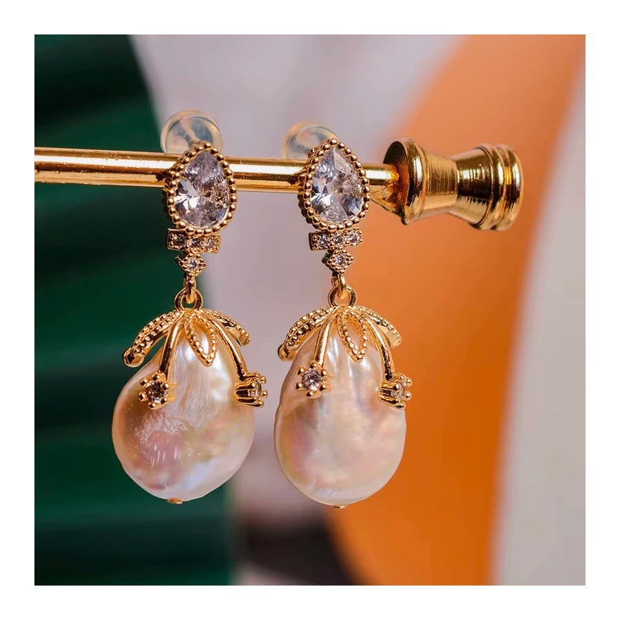 Big Baroque Button Pearl Earrings with Zircon