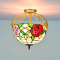 30cm Tiffany Red Rose Stained Glass Round Ceiling Light Modern New Ceiling Lamp Fixture for Bedroom Decorative Home Lighting