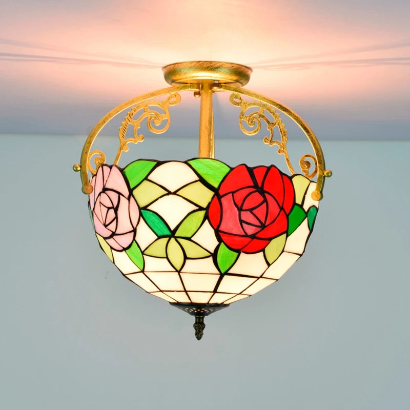 30cm Tiffany Red Rose Stained Glass Round Ceiling Light Modern New Ceiling Lamp Fixture for Bedroom Decorative Home Lighting