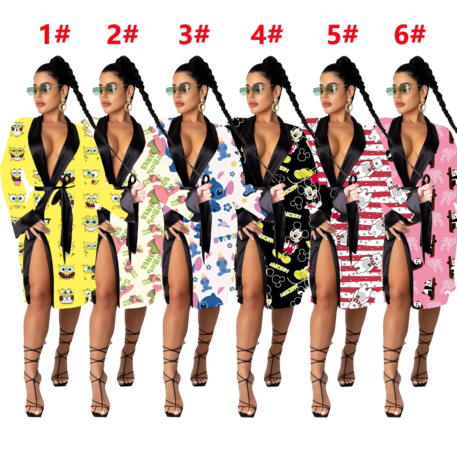 Cartoon Printing Sleepwear Nightgown Designer Pajamas Women Sexy Bathrobe Lounge Wear Kimono Character Satin Silk Robes